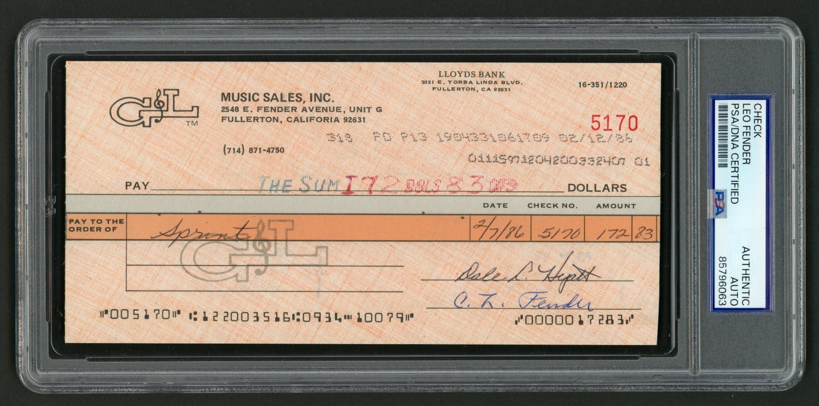 Leo C.L. Fender Signed Check (PSA) Vintage 1986 G&L Music Sales Electric Guitar