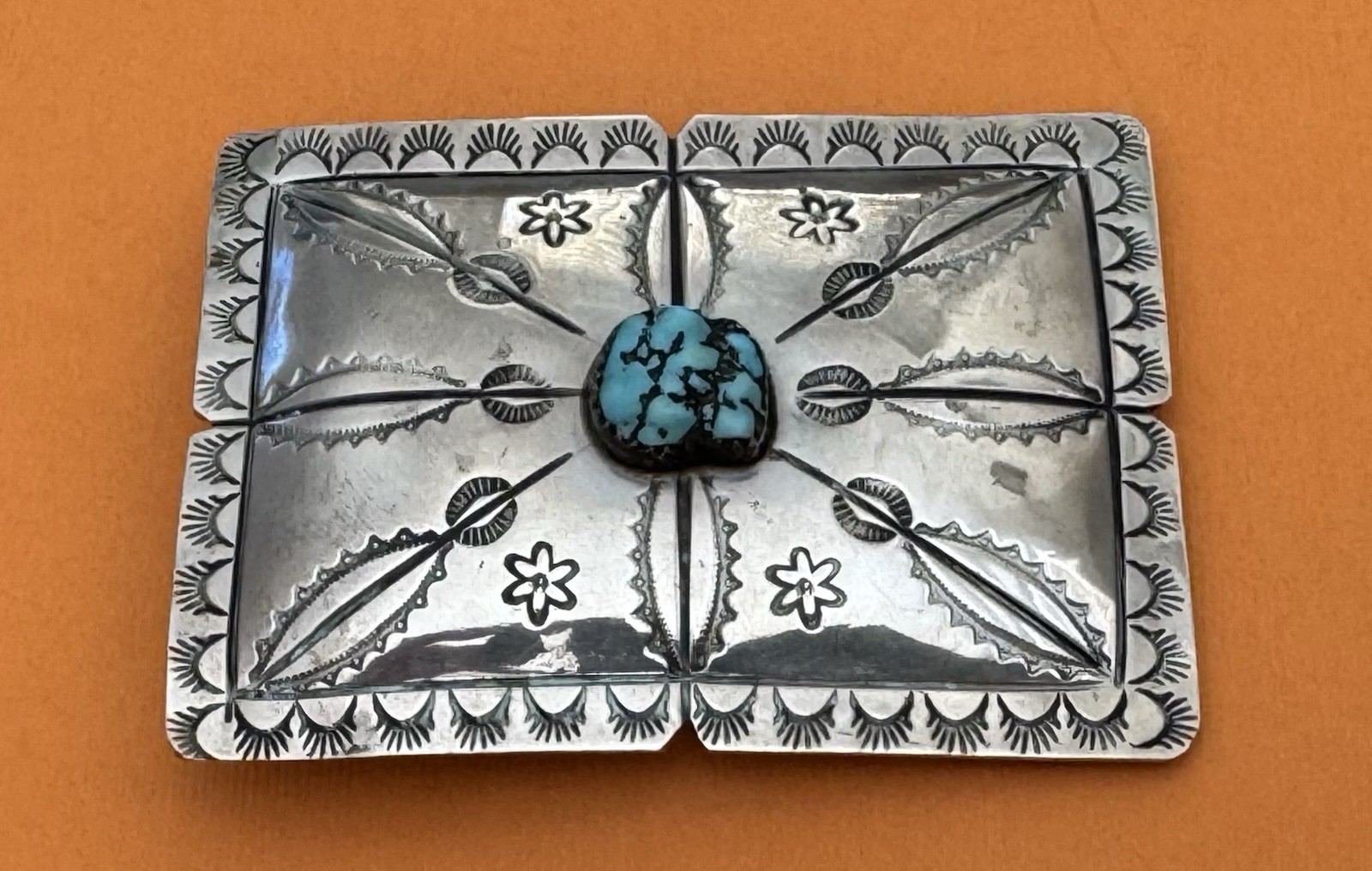 VTG Signed A. L. Becenti Handcrafted Stamped Nickel Silver Turquoise Belt Buckle VTG Signed A. L. Becenti Handcrafted Stamped Nickel Silver Turquoise Belt Buckle