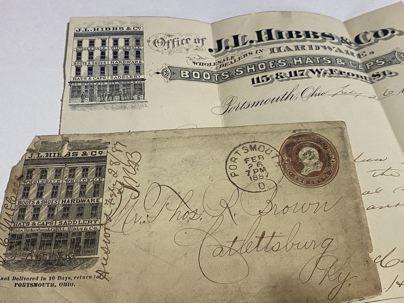 Vtg 1887 J L Hibbs Hardware Hats Saddlery Portsmouth Ohio Letterhead & Envelope