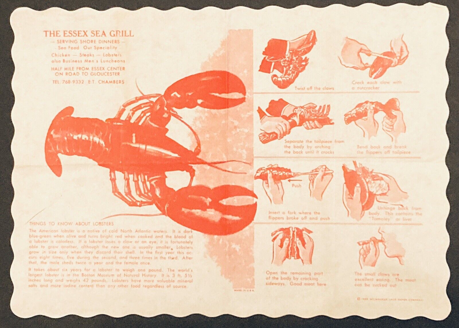 Vintage 1959 The Essex Sea Grill MA Paper Souvenir Placemat