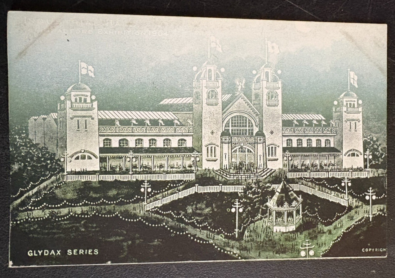 vtg postcard Industrial Hall Bradford Exhibition 1904 Glydax Series England UK