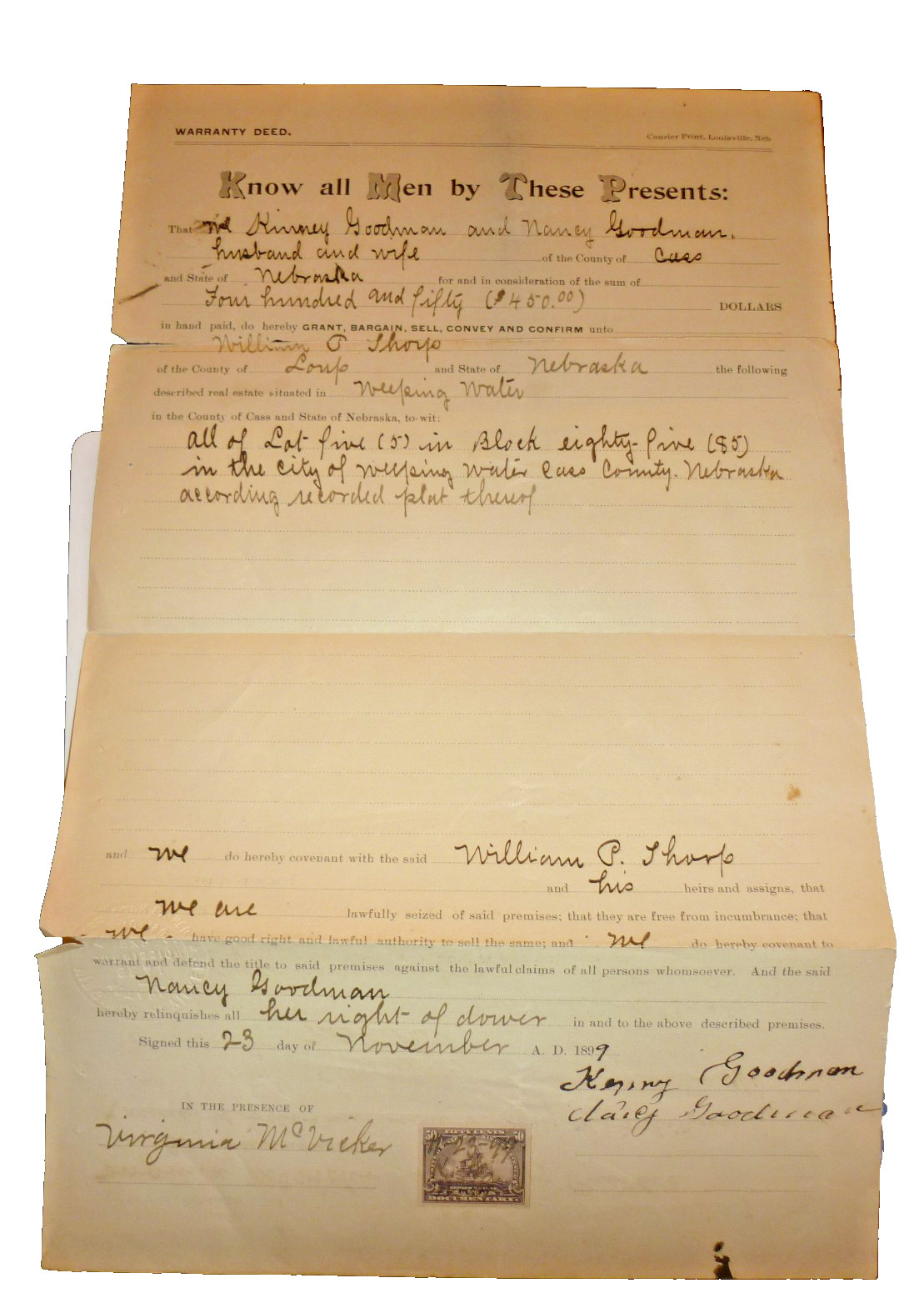 Antique 1899 Nebraska Warranty Deed Weeping Water 1898 Battleship Revenue Stamp Antique 1899 Nebraska Warranty Deed Weeping Water 1898 Battleship Revenue Stamp