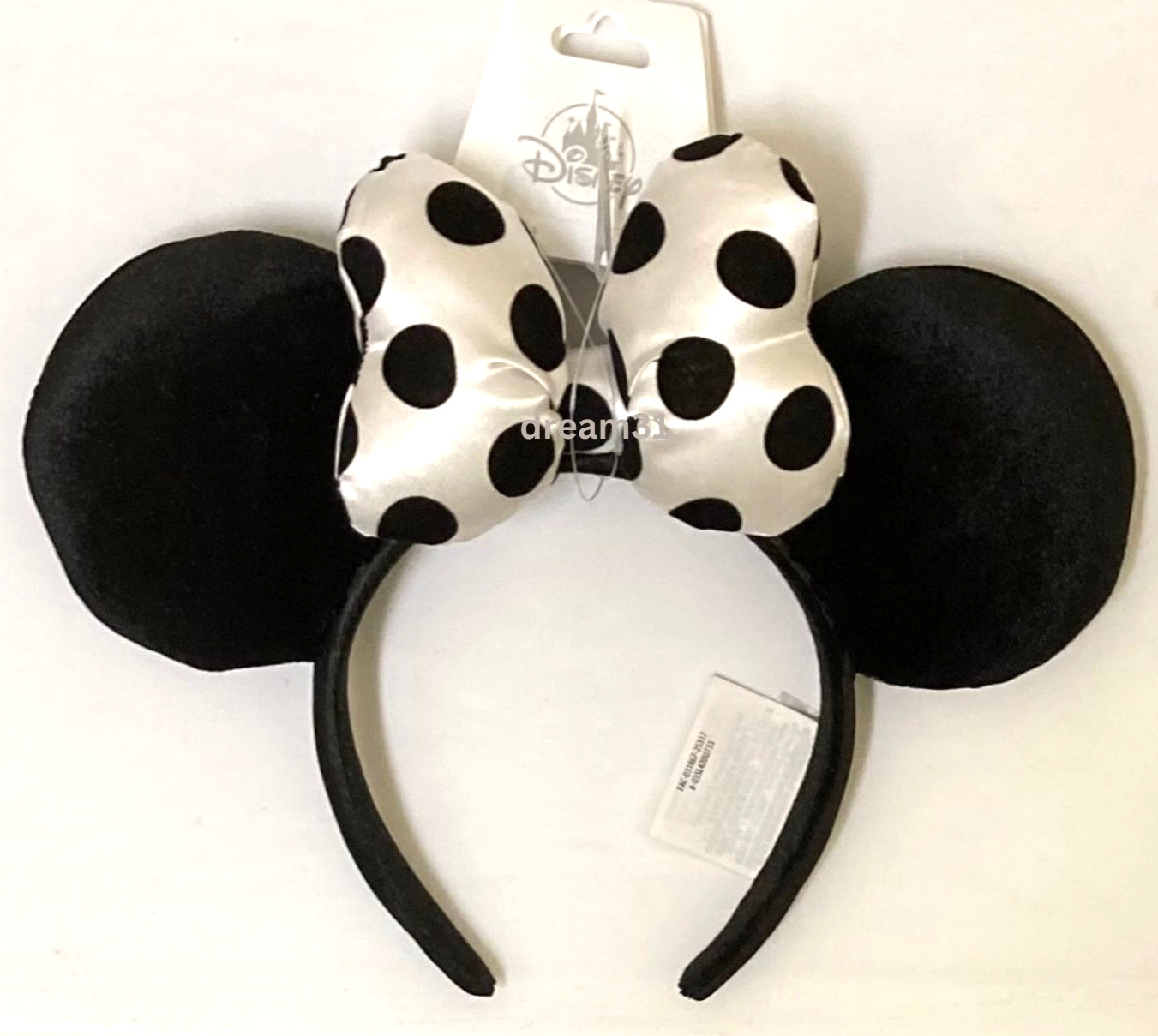 BNWT Disney Parks Minnie Mouse Polka Dot Black and White Satin Bow Ears Headband