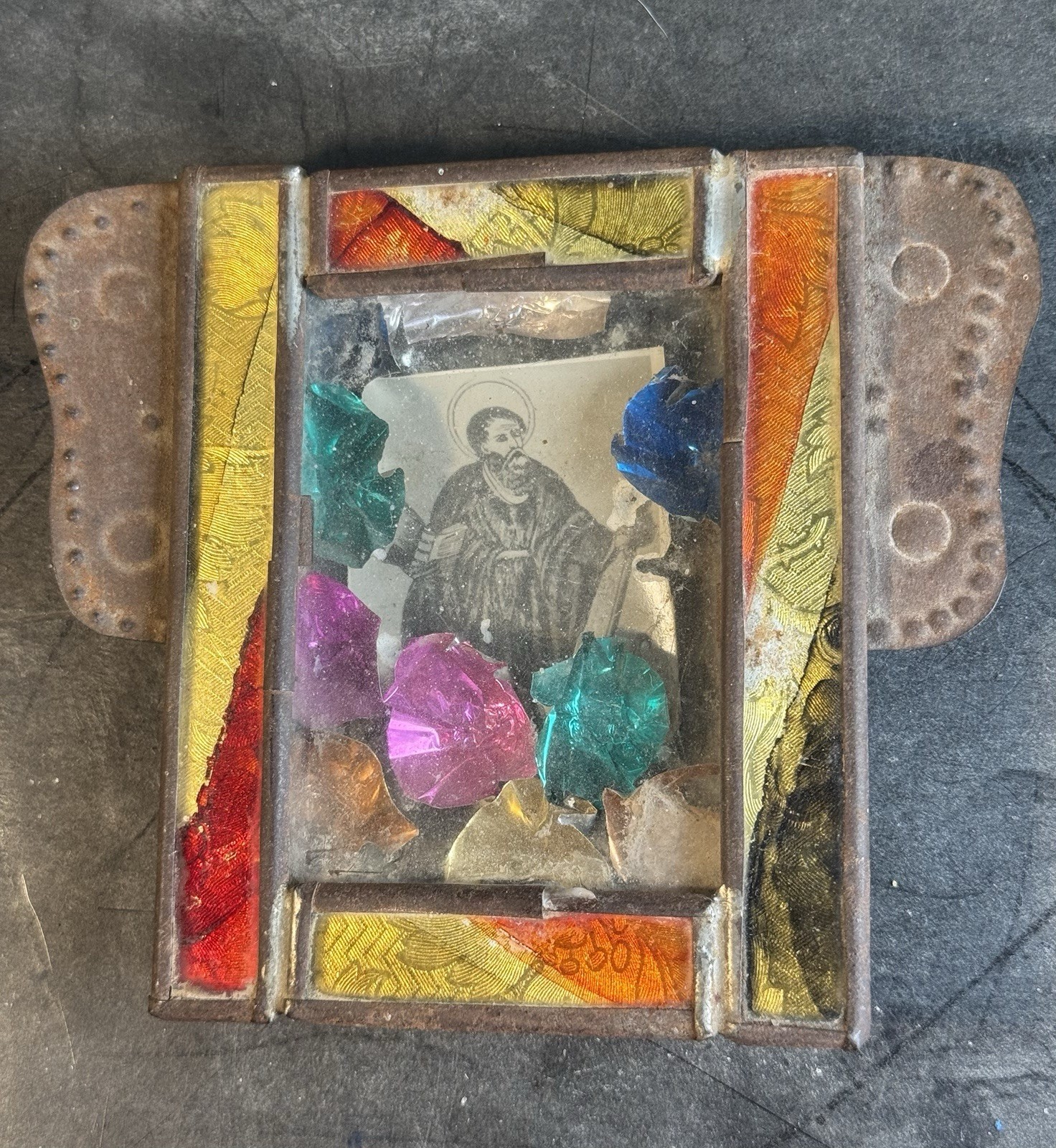 Antique 1920s Mexican Folk Art Tin Nicho St. Peter Reverse Painted Glass Shrine