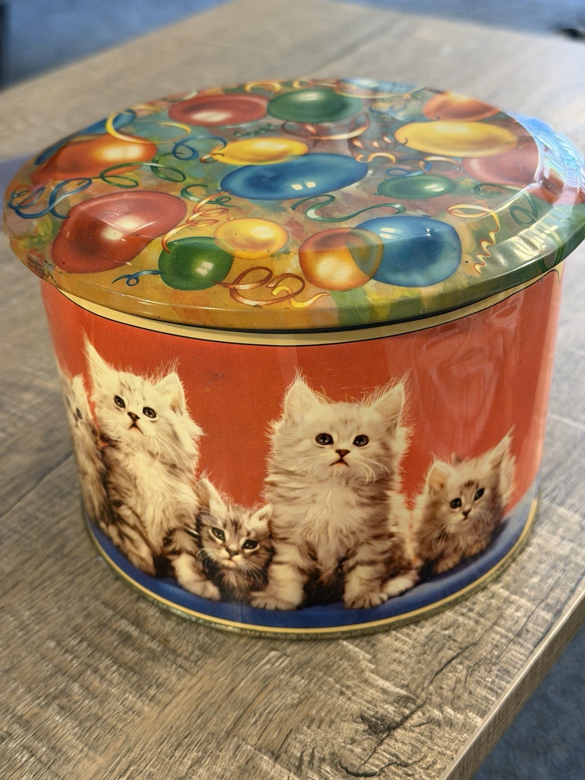 Vintage Thorne's Toffee Advertising Tin Round w/ Lid Kittens & Balloons