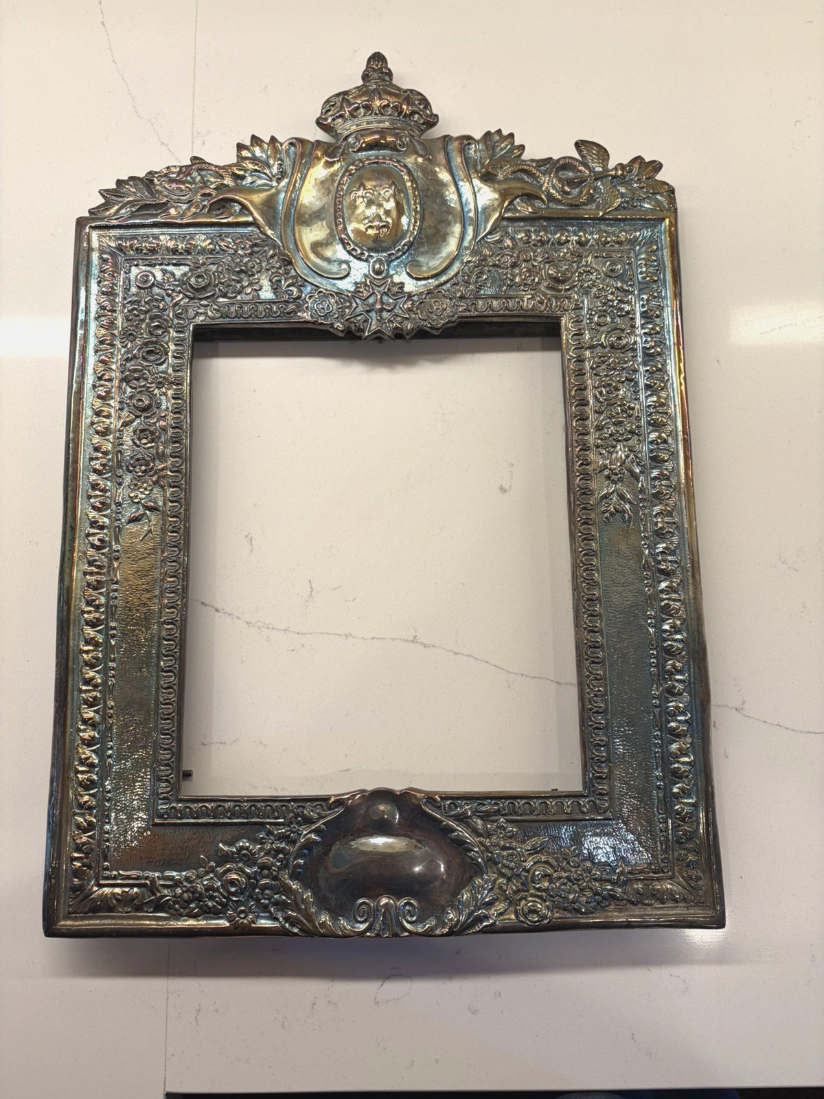 Antique French Royal Crest Silvered Bronze Picture Frame