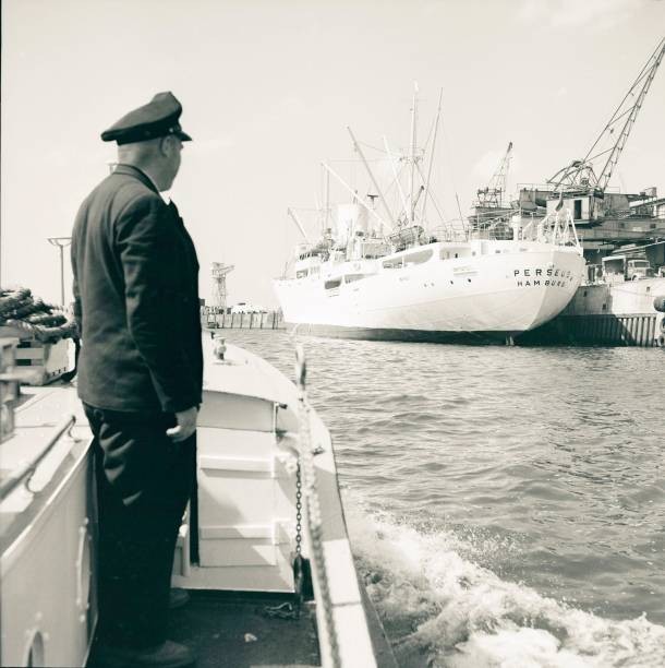 Captain on his ship in Hamburg\'s port 1955 56 Historic Old Photo