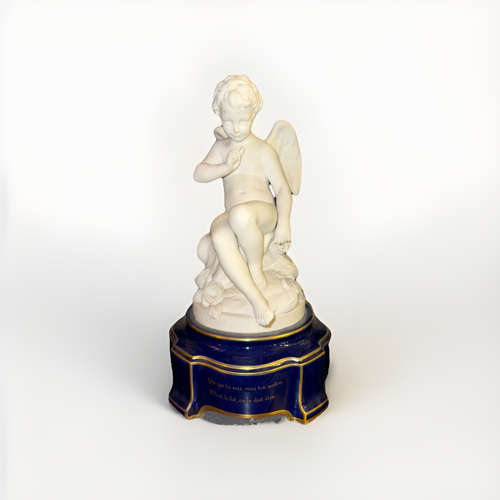 1889 SEVRES Biscuit Porcelain Cupid Statue Cobalt Blue Gold Base Antique