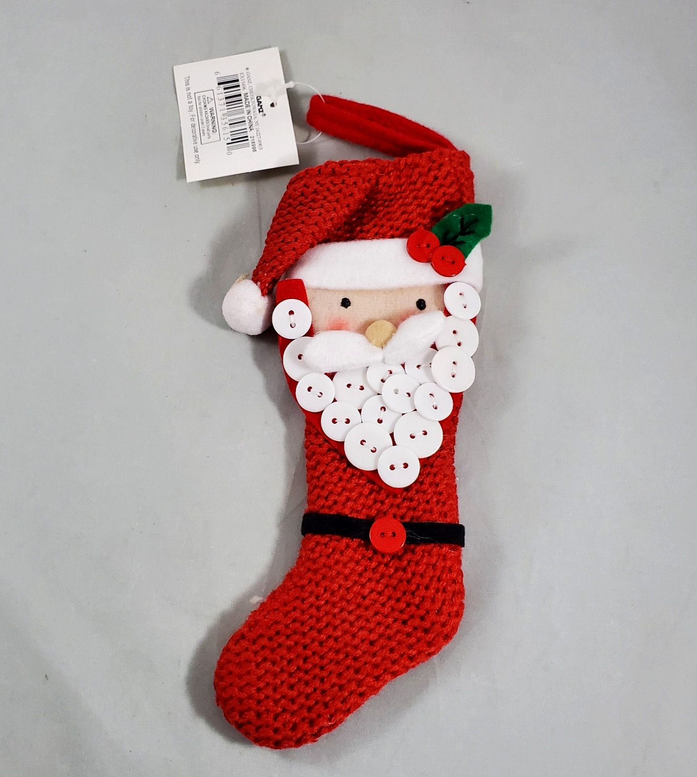 Ganz Knit Mini Skinny Christmas Stocking Red Santa Claus Face w/ Button Beard 3D Ganz Knit Mini Skinny Christmas Stocking Red Santa Claus Face w/ Button Beard 3D