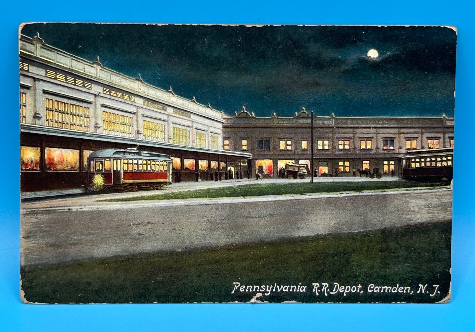 1909 Pennsylvania RR Depot Camden NJ Night Scene Streetcar Postcard P. Sander 1909 Pennsylvania RR Depot Camden NJ Night Scene Streetcar Postcard P. Sander