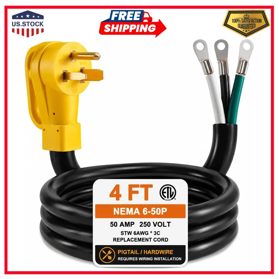 NEMA 6-50P Power Cord 6AWG 3C 4FT Heavy Duty 250V Replacement for EV Welder H... NEMA 6-50P Power Cord 6AWG 3C 4FT Heavy Duty 250V Replacement for EV Welder H...