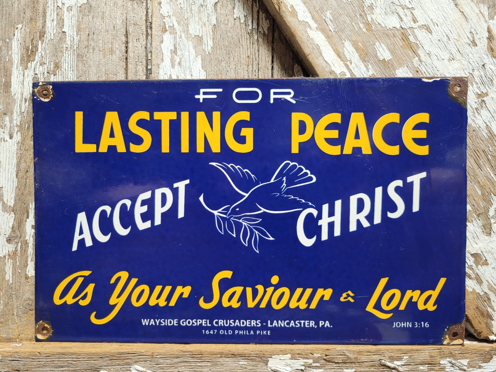 VINTAGE CHURCH PORCELAIN SIGN CHRISTIAN BIBLE GOD LORD LANCASTER CHRIST RELIGION