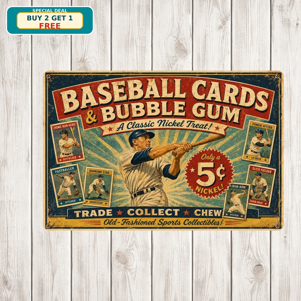 Vintage Baseball Trading Cards Bubble Gum Retro Nostalgic Metal Tin Sign 8x12