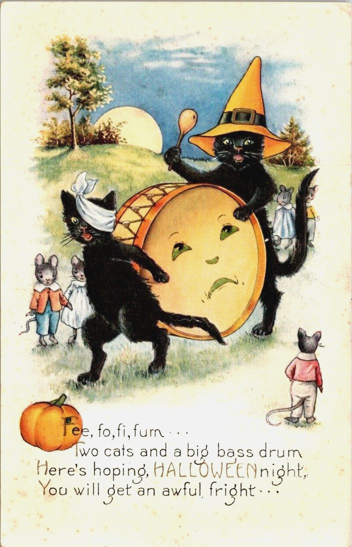 Antique Halloween Whitney Postcard Mice Black Cats Bass Drum Awful Fright c1910s