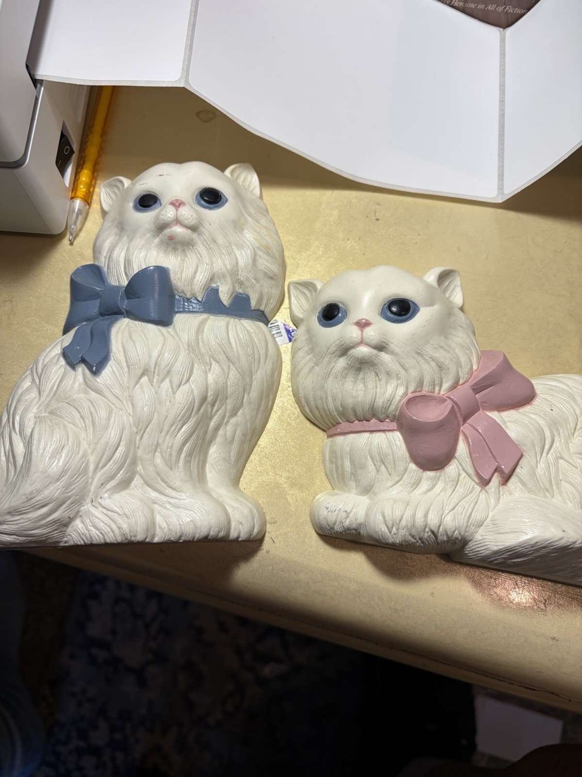 Vintage Homco Home Interior White Persian Cats & Ribbons Cat Wall Decor Set of 2
