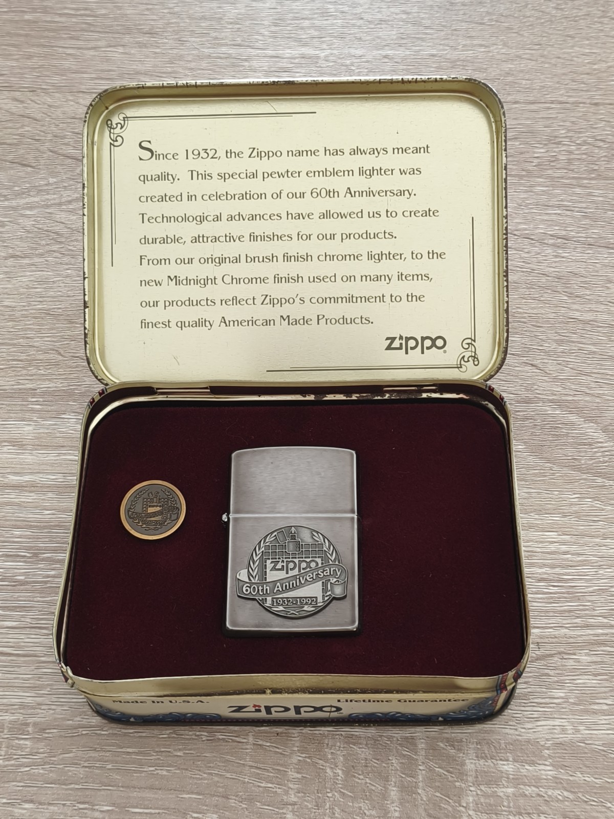 Zippo 60th Anniversary January 1992, Complete Box Set with Collector's Pin 