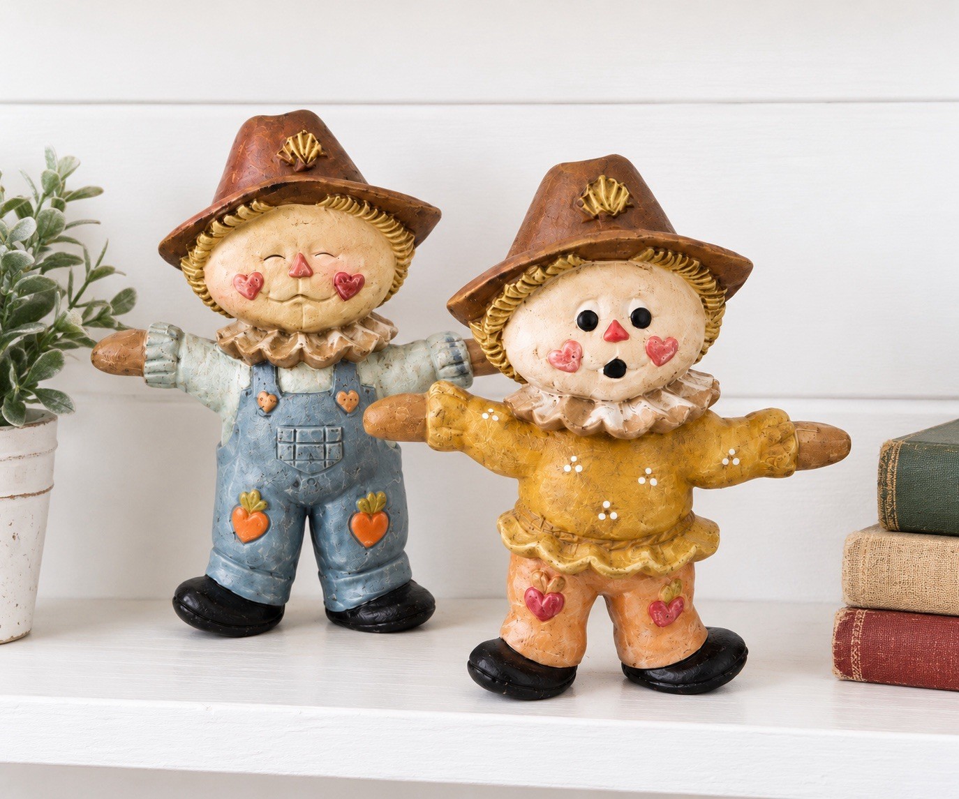 VTG Ceramic Scarecrow Figurines Pair 8” Reversible Faces Harvest Thanksgiving