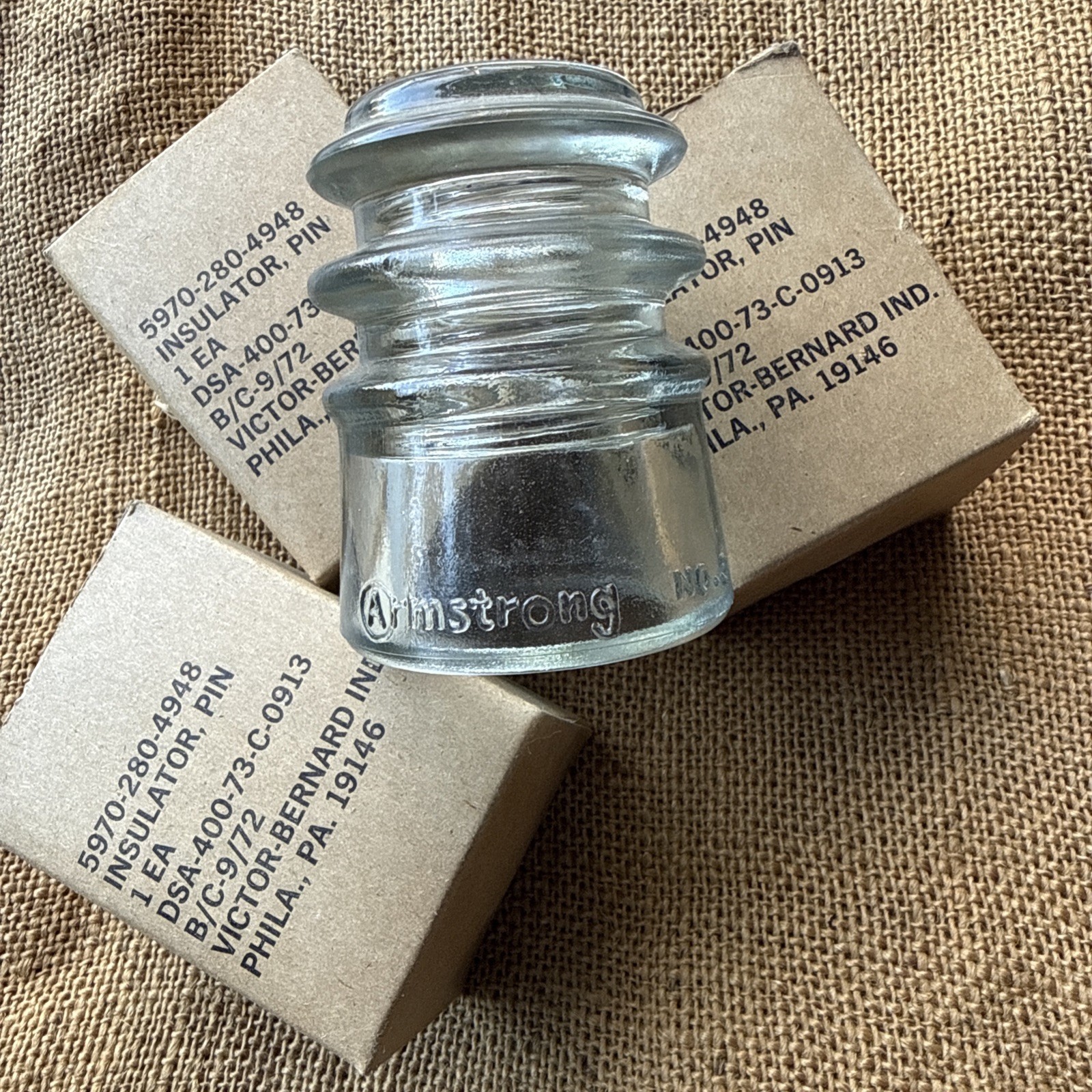 4 Vintage Clear Glass Insulator Armstrong No. 3 Made In U.S.A.  New old stock 