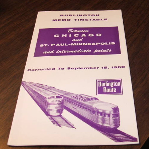 SEPTEMBER 1968 CB&Q BURLINGTON CHICAGO TO ST. PAUL MINNEAPOLIS PUBLIC TIMETABLE