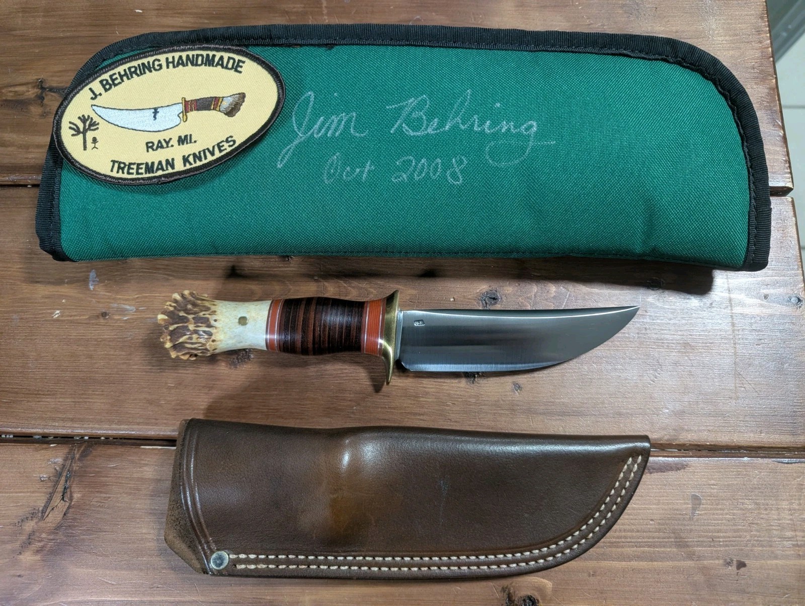 J. Behring Handmade Hunting Knife Stag Handle w/sheath 2008 Treeman 