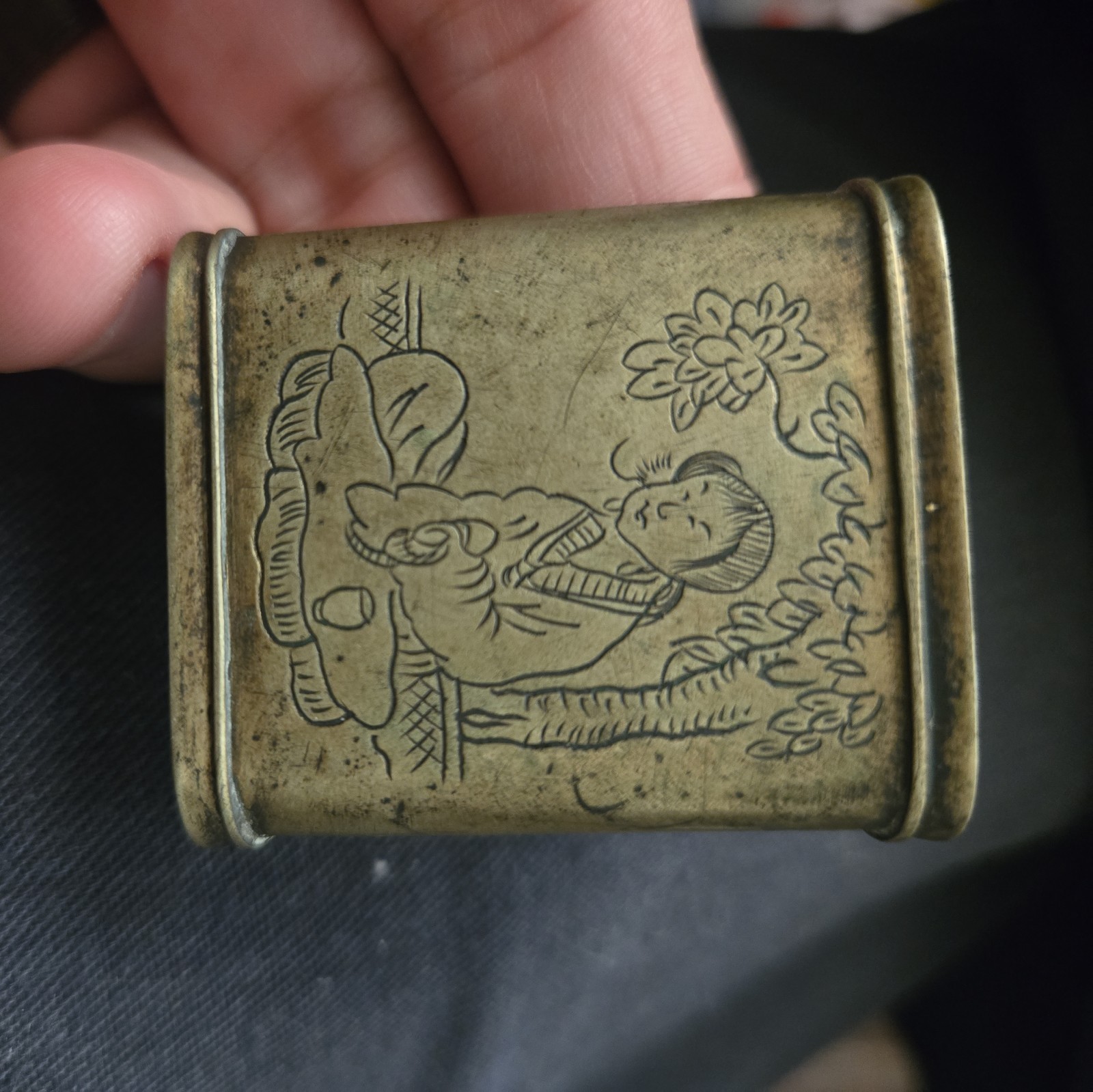 Antique Chinese Brass Covered Opium Snuff Box Poem 19th Ct Oriental (No Lid) 