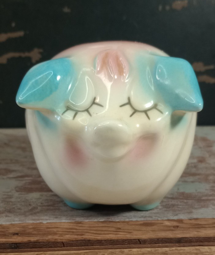 Vtg 1958 HULL Pottery Piggy Dime Bank RARE FIND Small Pink Blue No Cork