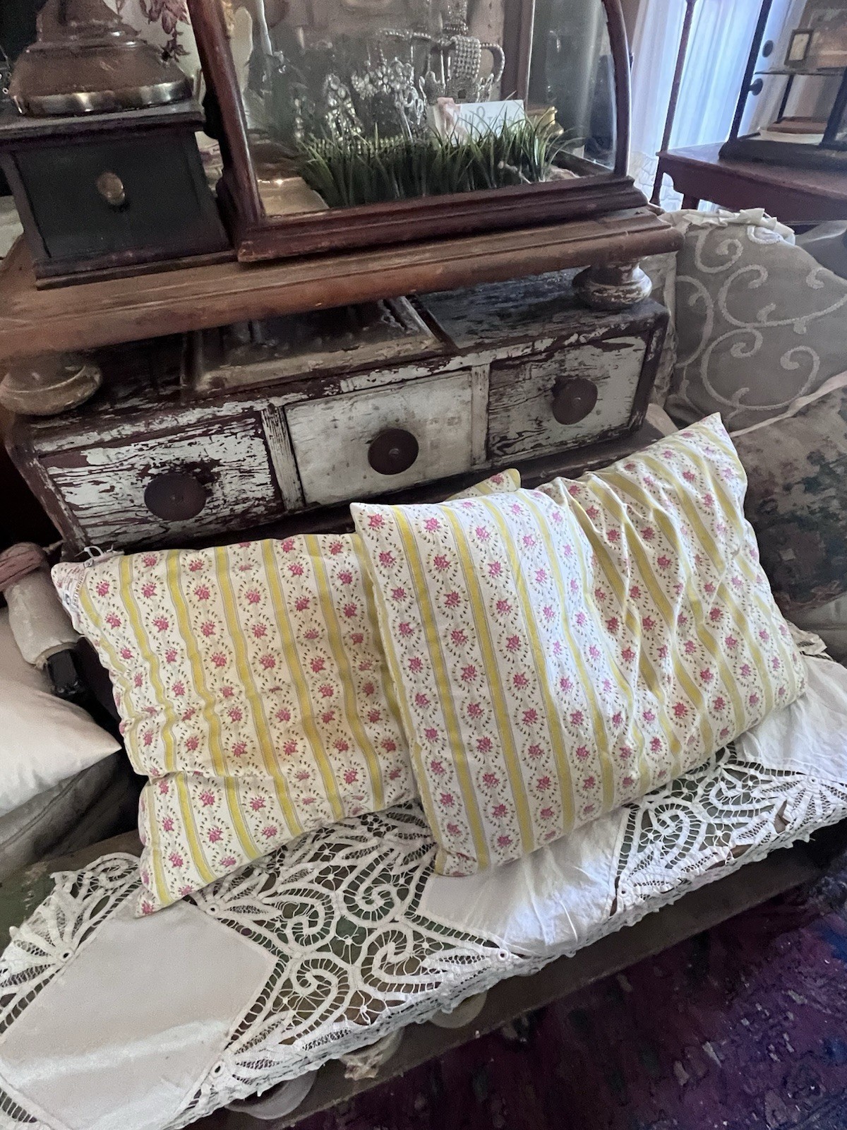 Rare Antique Vintage 1940's Feather Ticking Pillow Pair Shabby Chic Farmhouse Rare Antique Vintage 1940's Feather Ticking Pillow Pair Shabby Chic Farmhouse