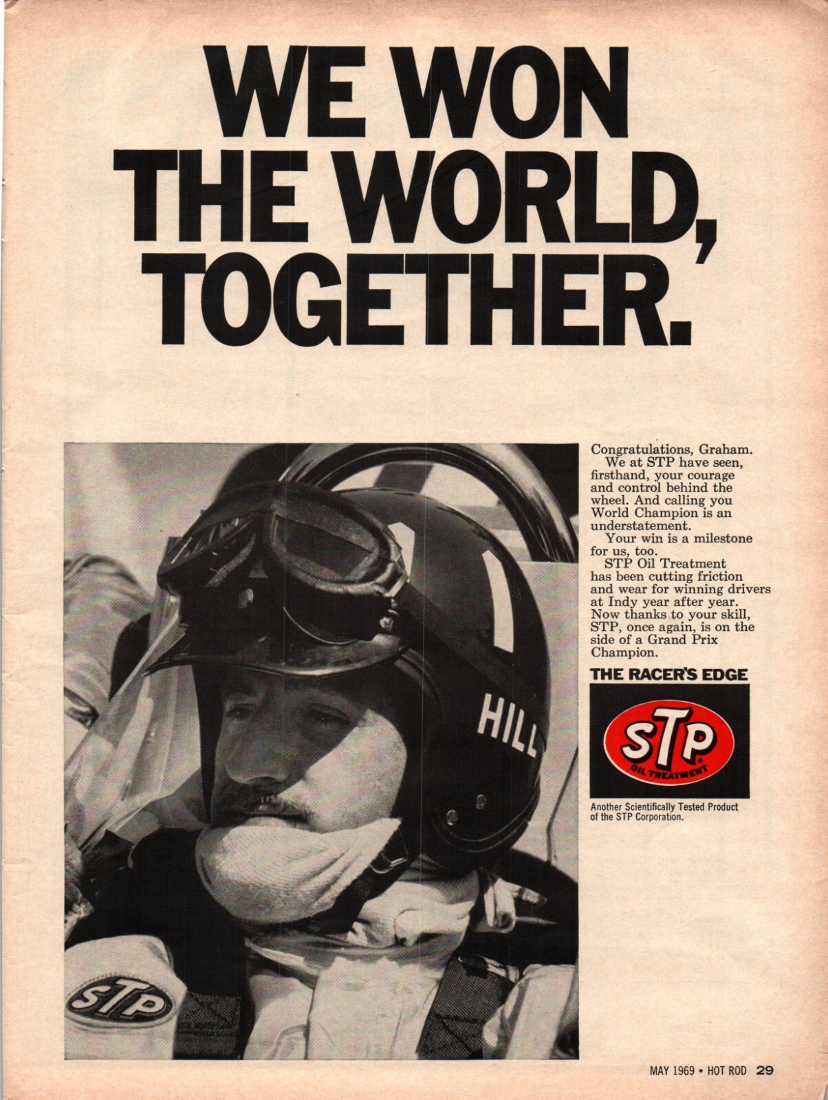 Vintage Print Ad 1969 STP The Racer\'s Edge Graham Hill Grand Prix Champion