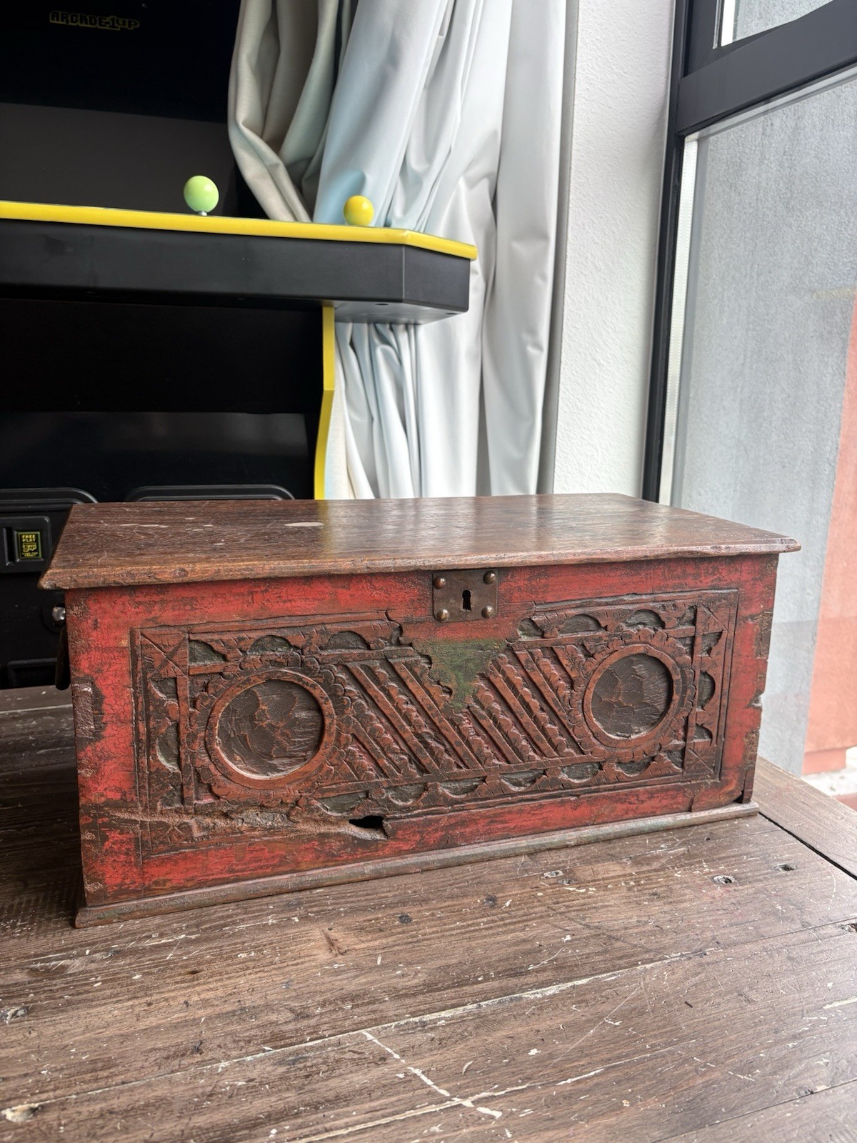 Antique Balinese Carved Wood Dowry Chest Red Painted Indonesian Storage Trunk