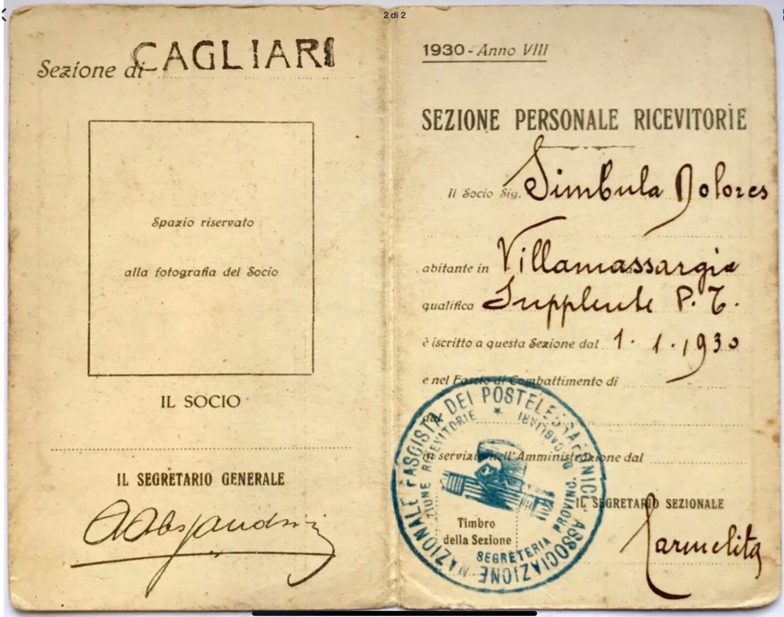 CAGLIARI REGNO D’ITALIA ASSOCIAZIONE NAZIONALE POSTELEGRAFONICI TESSERA A. VIII° CAGLIARI REGNO D’ITALIA ASSOCIAZIONE NAZIONALE POSTELEGRAFONICI TESSERA A. VIII°