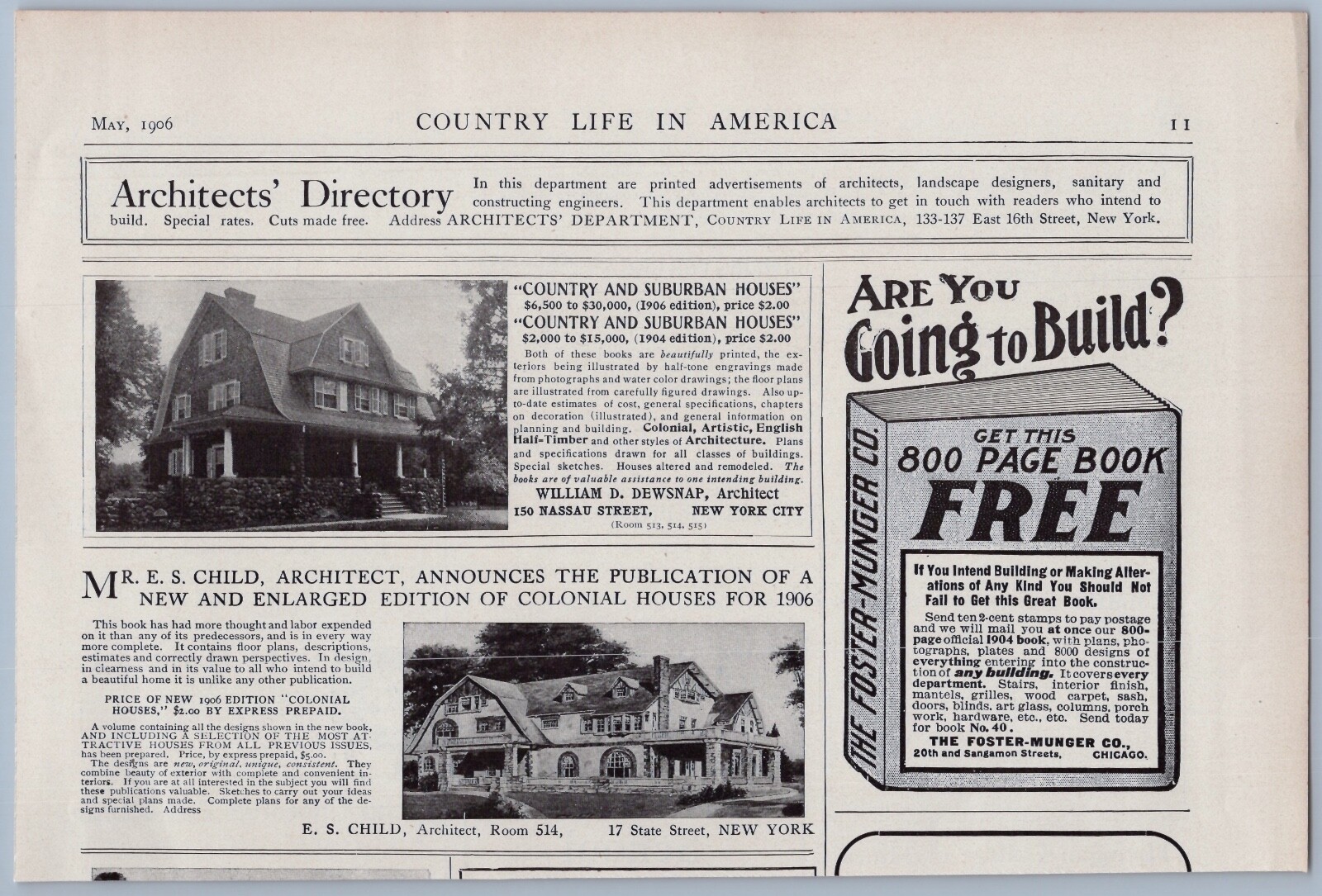 1906 New York Architect Ads William D Dewsnap & E S Child Homes Houses Colonial
