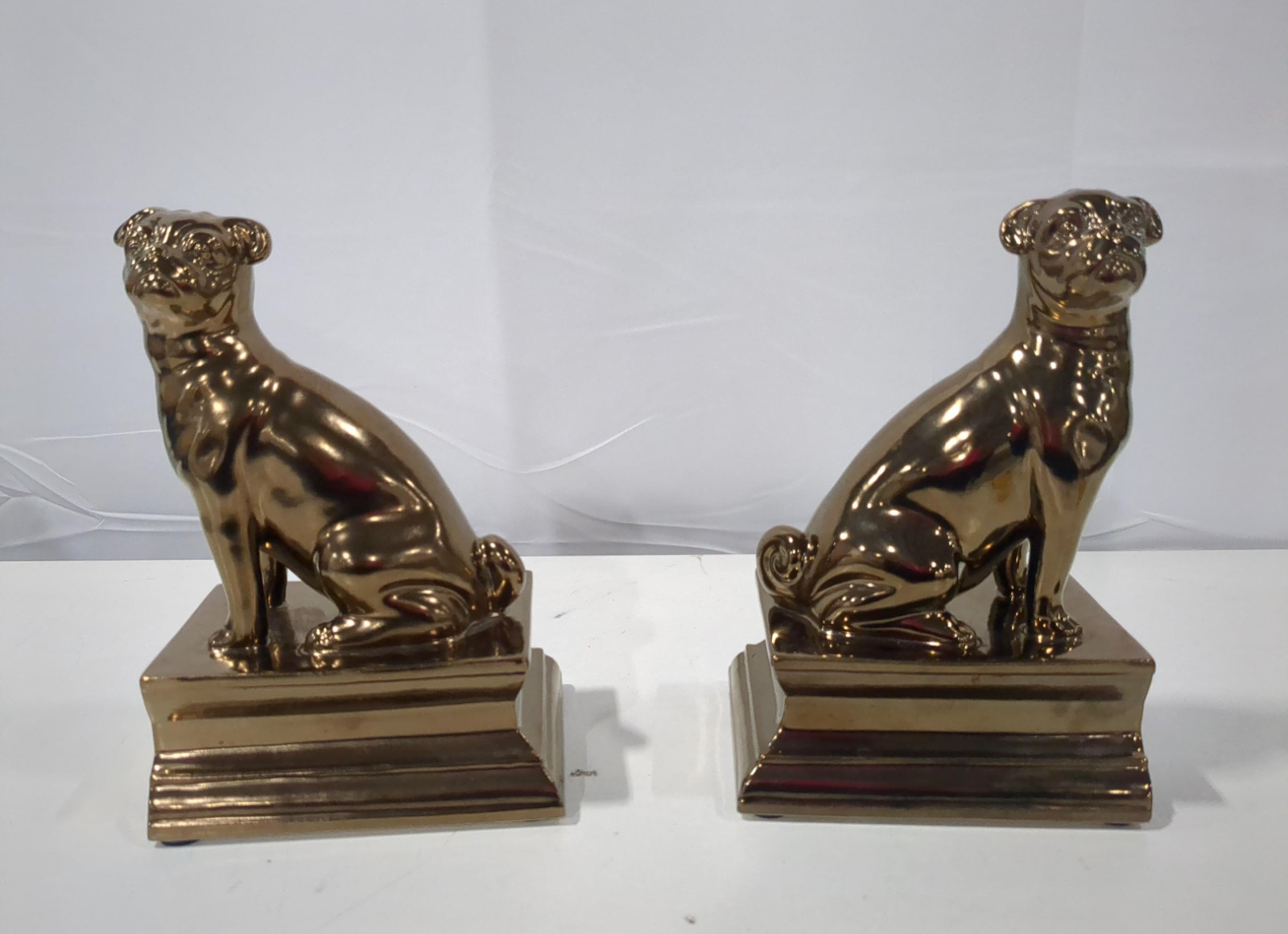 Gump's San Francisco Gold Bronze Ceramic Pug Dog Figurines Book Ends Pair - NICE