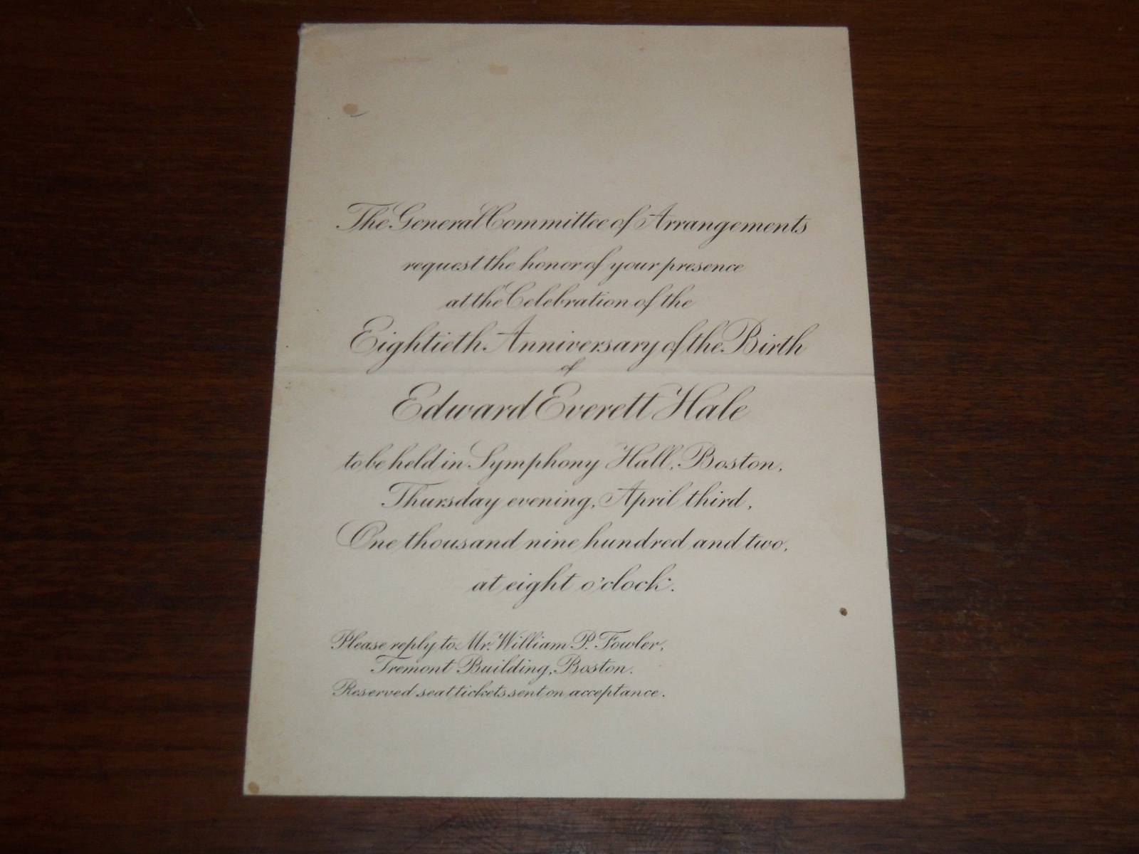 1902 EDWARD EVERETT HALE 80TH BIRTHDAY INVITATION - K 1212 1902 EDWARD EVERETT HALE 80TH BIRTHDAY INVITATION - K 1212