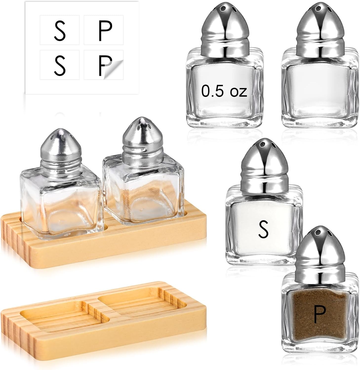 4 Pcs Mini Salt and Pepper Shakers Set with 2 Wood Organizer Tray Sticker 0.5 oz 4 Pcs Mini Salt and Pepper Shakers Set with 2 Wood Organizer Tray Sticker 0.5 oz