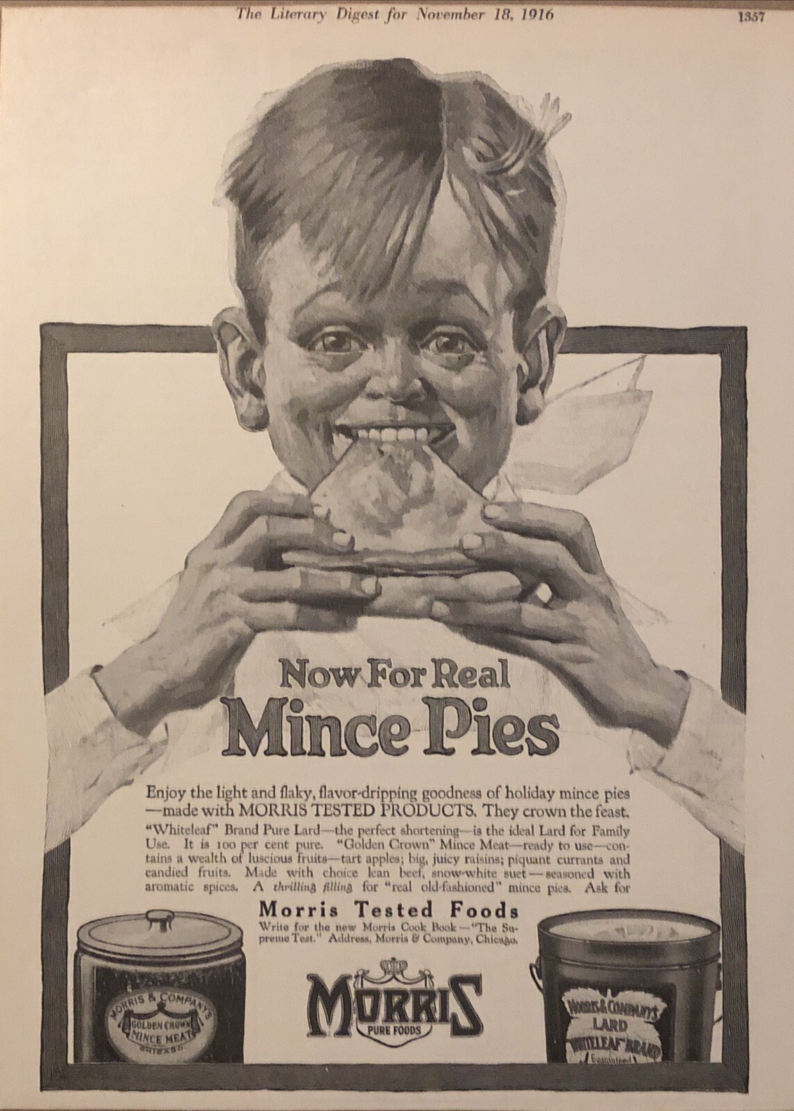 1916 Morris Golden Crown Mince Meat PRINT AD Boy Pie Whiteleaf Lard VTG 1910s 1916 Morris Golden Crown Mince Meat PRINT AD Boy Pie Whiteleaf Lard VTG 1910s