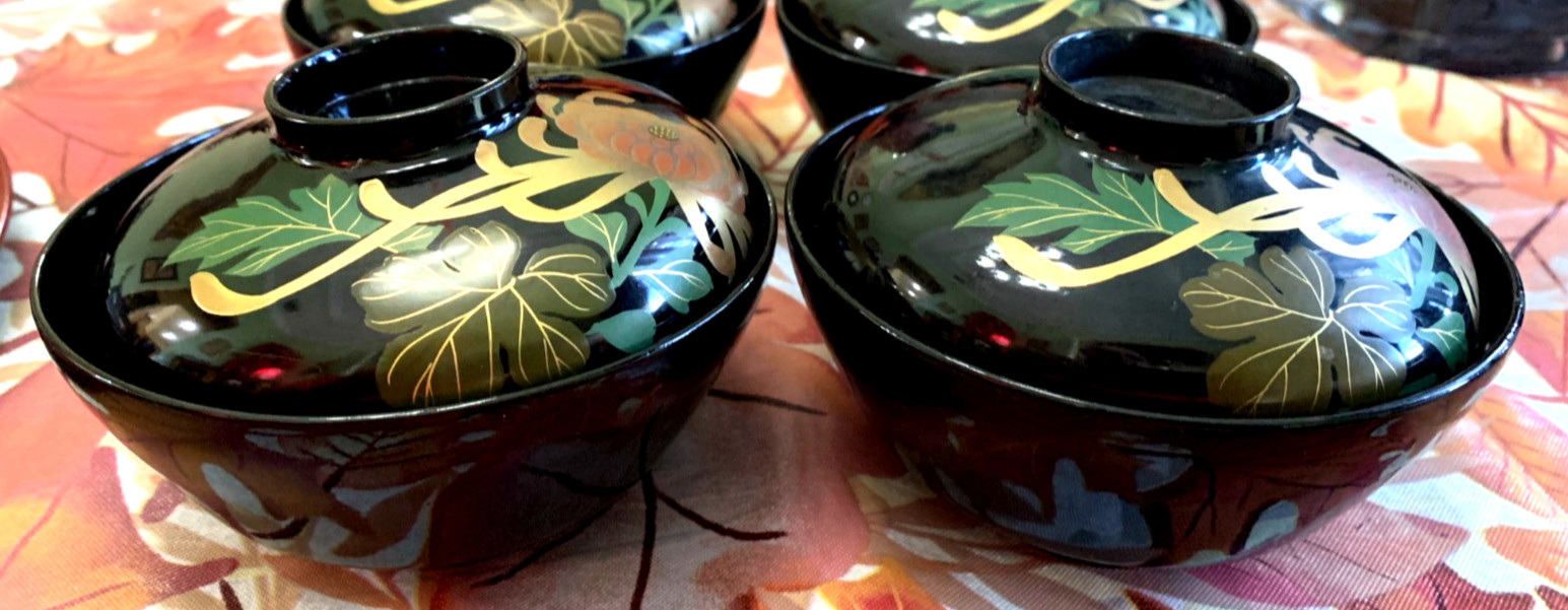 Aizu Japanese Lacquerware Soup Rice Bowl Lid Set Of 2 Chrysanthemum Design 🍣⛩️ Aizu Japanese Lacquerware Soup Rice Bowl Lid Set Of 2 Chrysanthemum Design 🍣⛩️