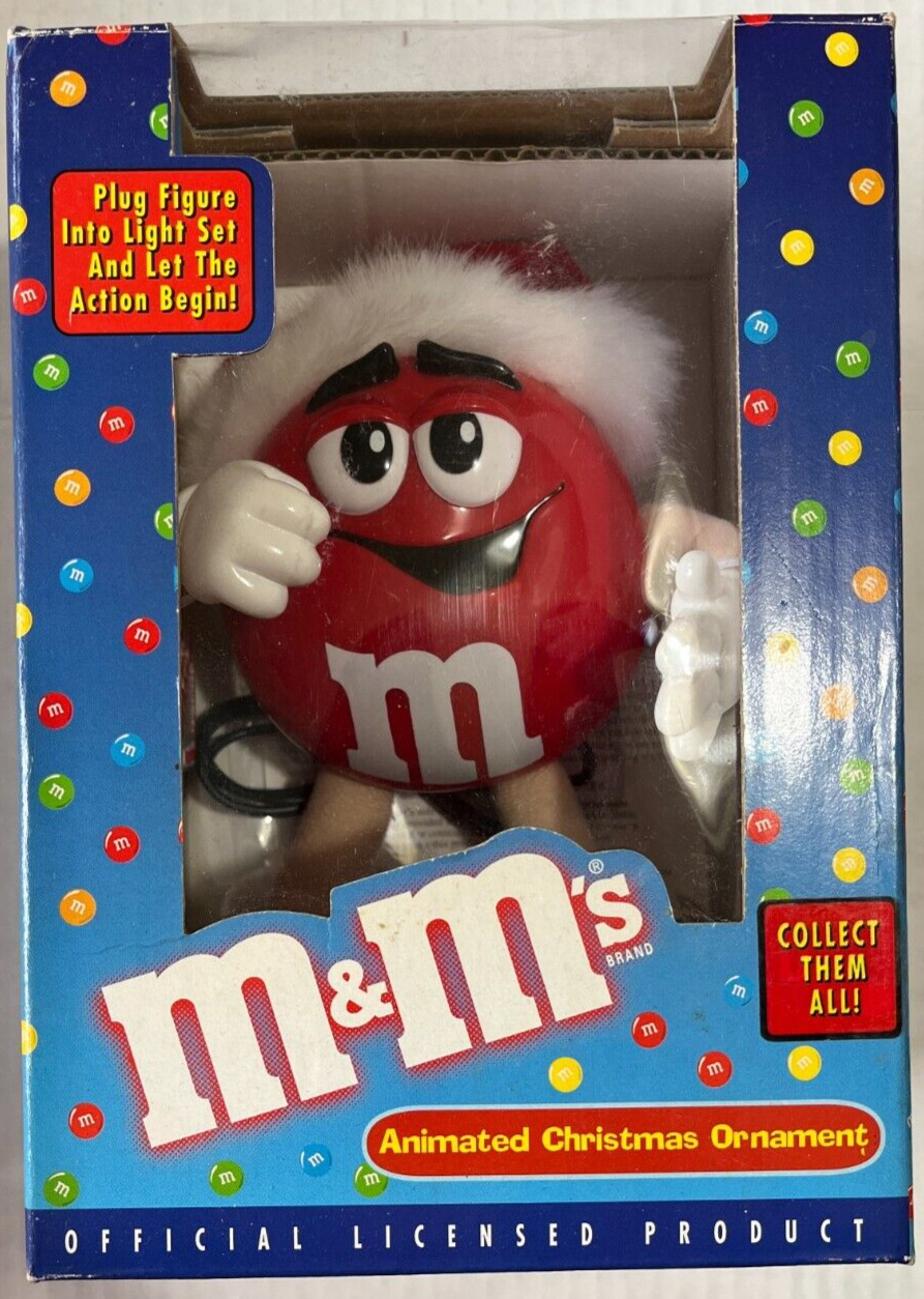 Vintage M&M’s Red Animated Christmas Ornament Christmas Hat NOS CIB NIB