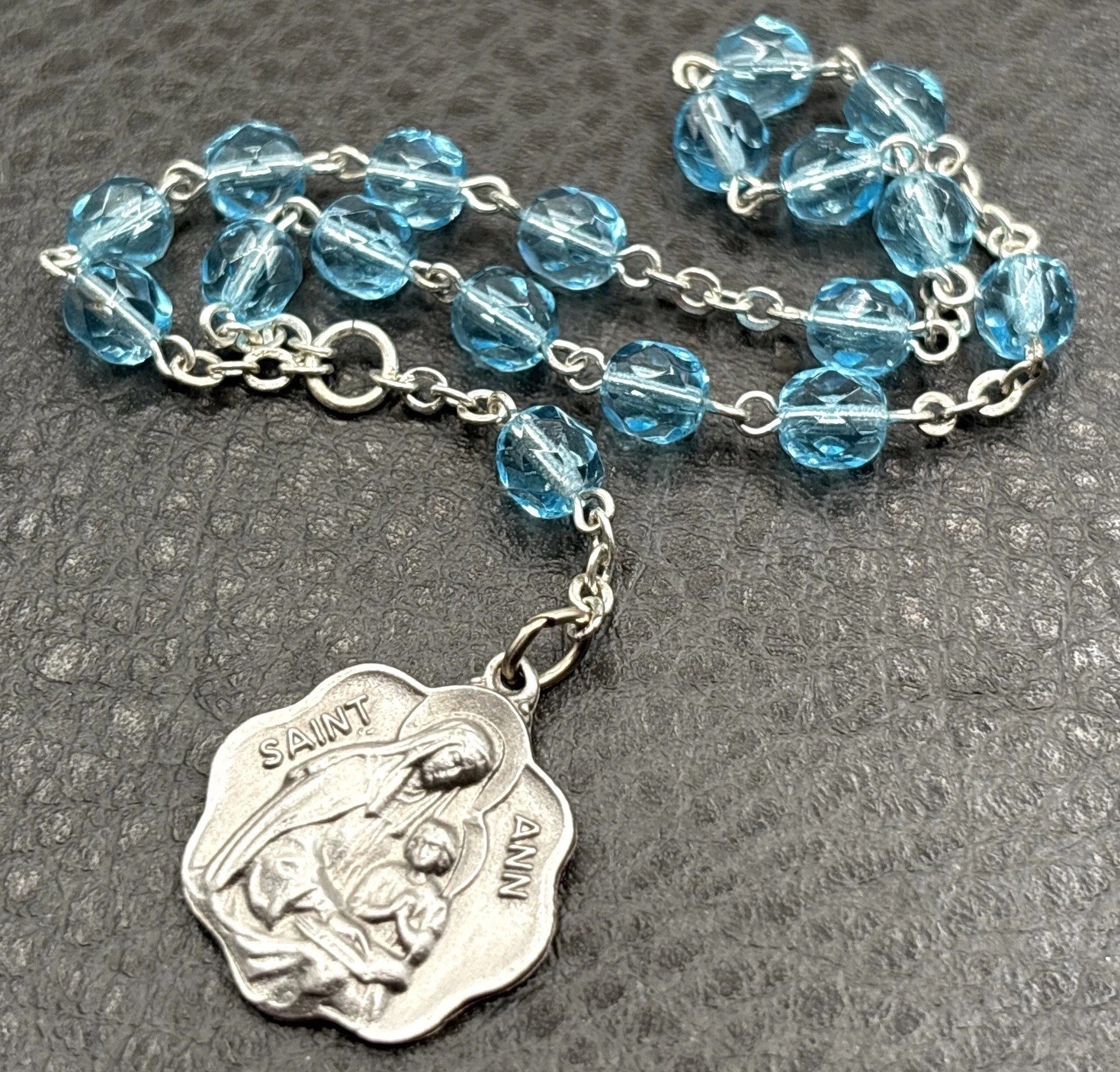 Vintage Creed Saint Ann Bracelet Rosary Blue Crystal Beads Silver Tone