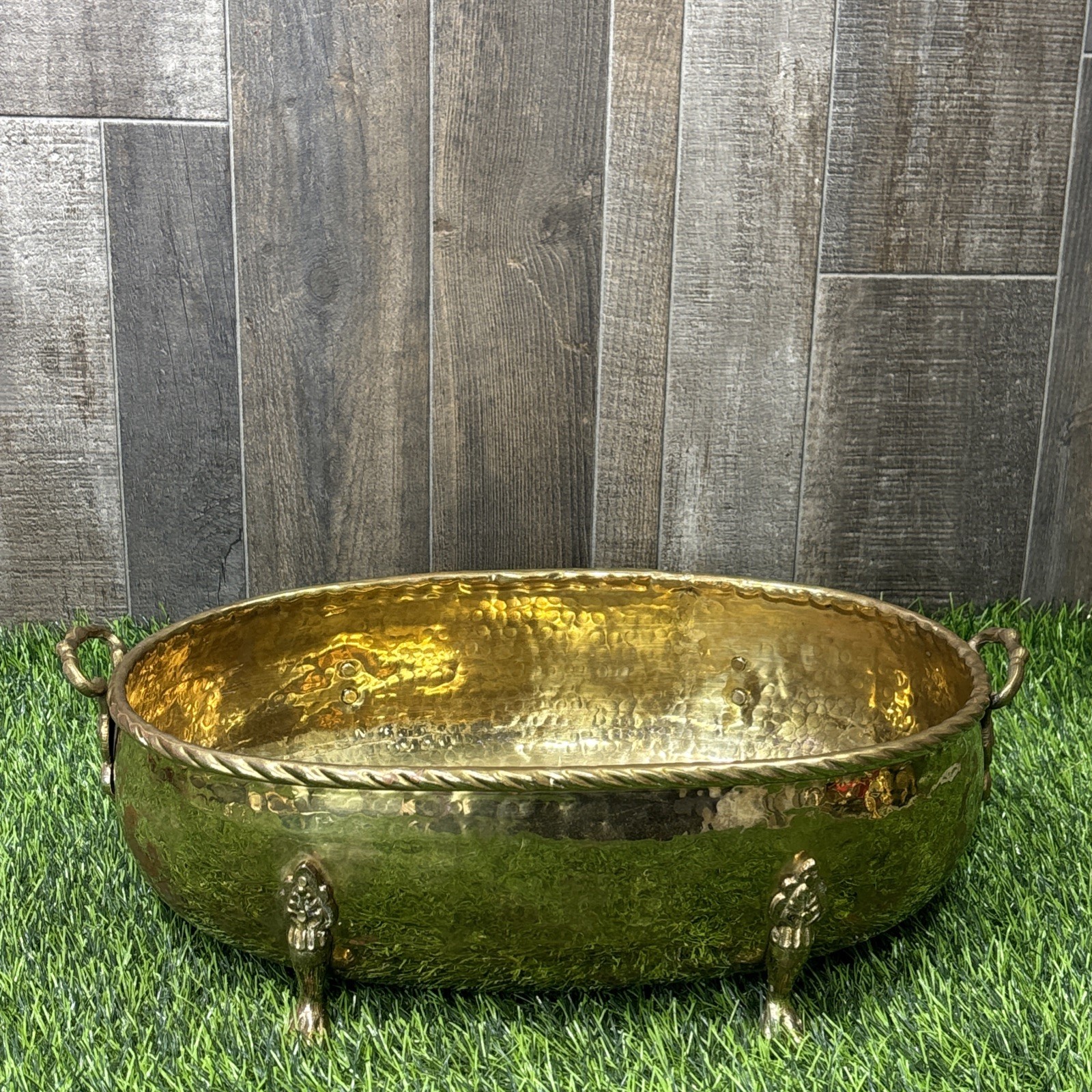 Vintage Hammered Brass Planter Oval Claw Feet Footed Bowl Decor 