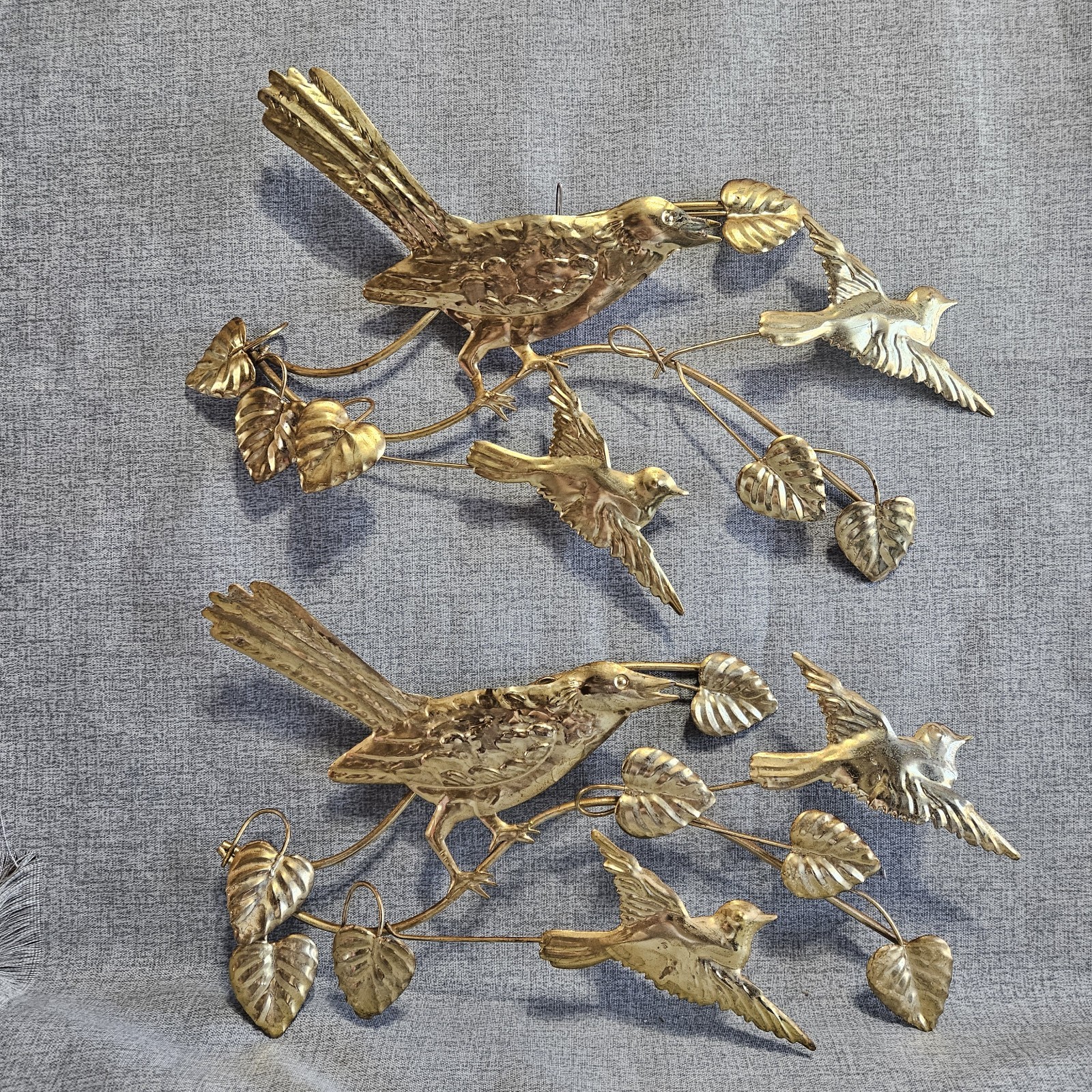2 Vtge Metal Art Wall Hanging  Songbirds Leaves Branches Tin Birds MCM Gold Tone