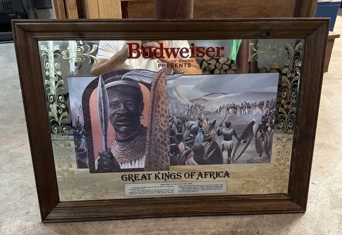 Vintage 1980s Budweiser Mirror Sign – Great Kings of Africa. Great Condition