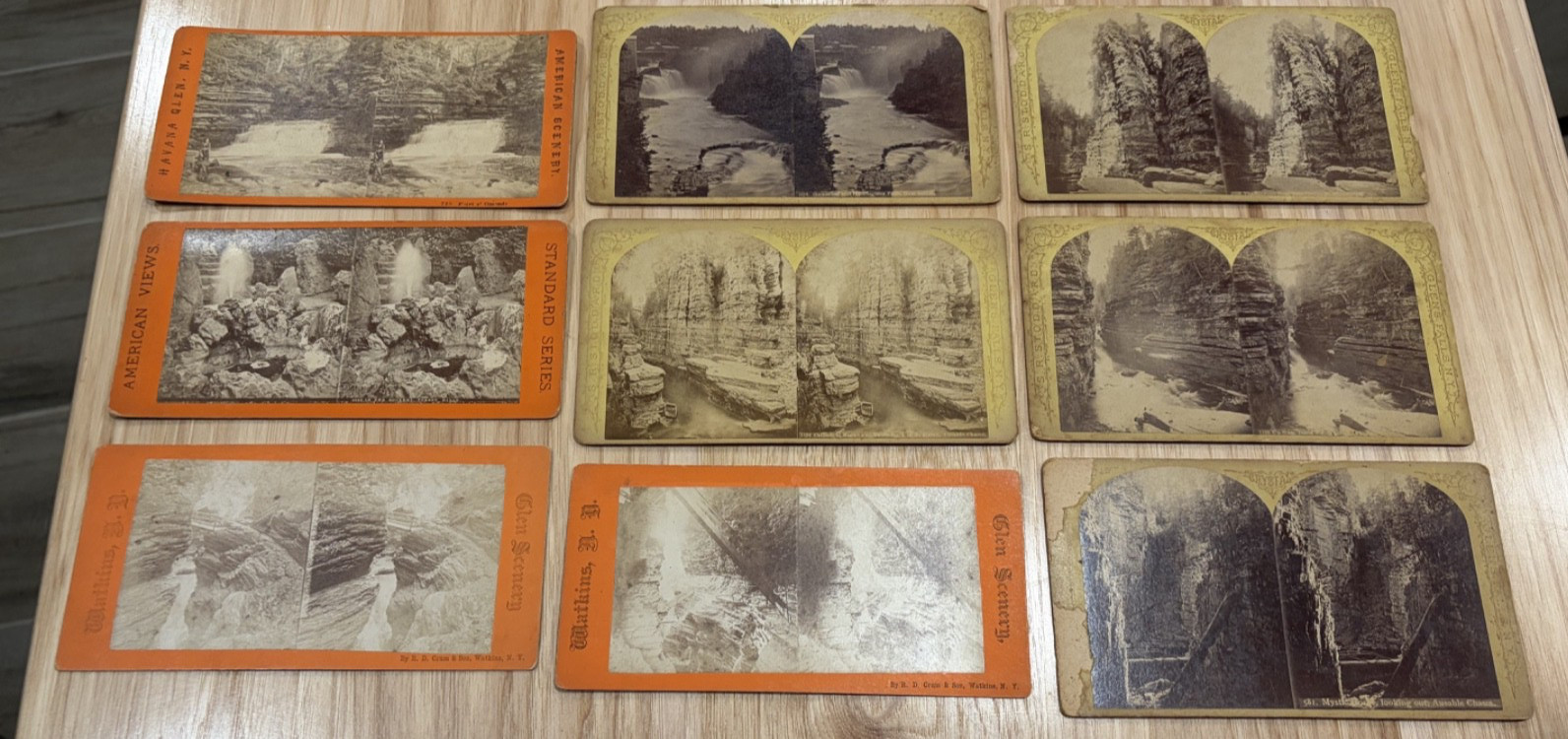 9 stereoview cards: Havana Glen Forest Hill Watkins Glen Falls, NY waterfalls