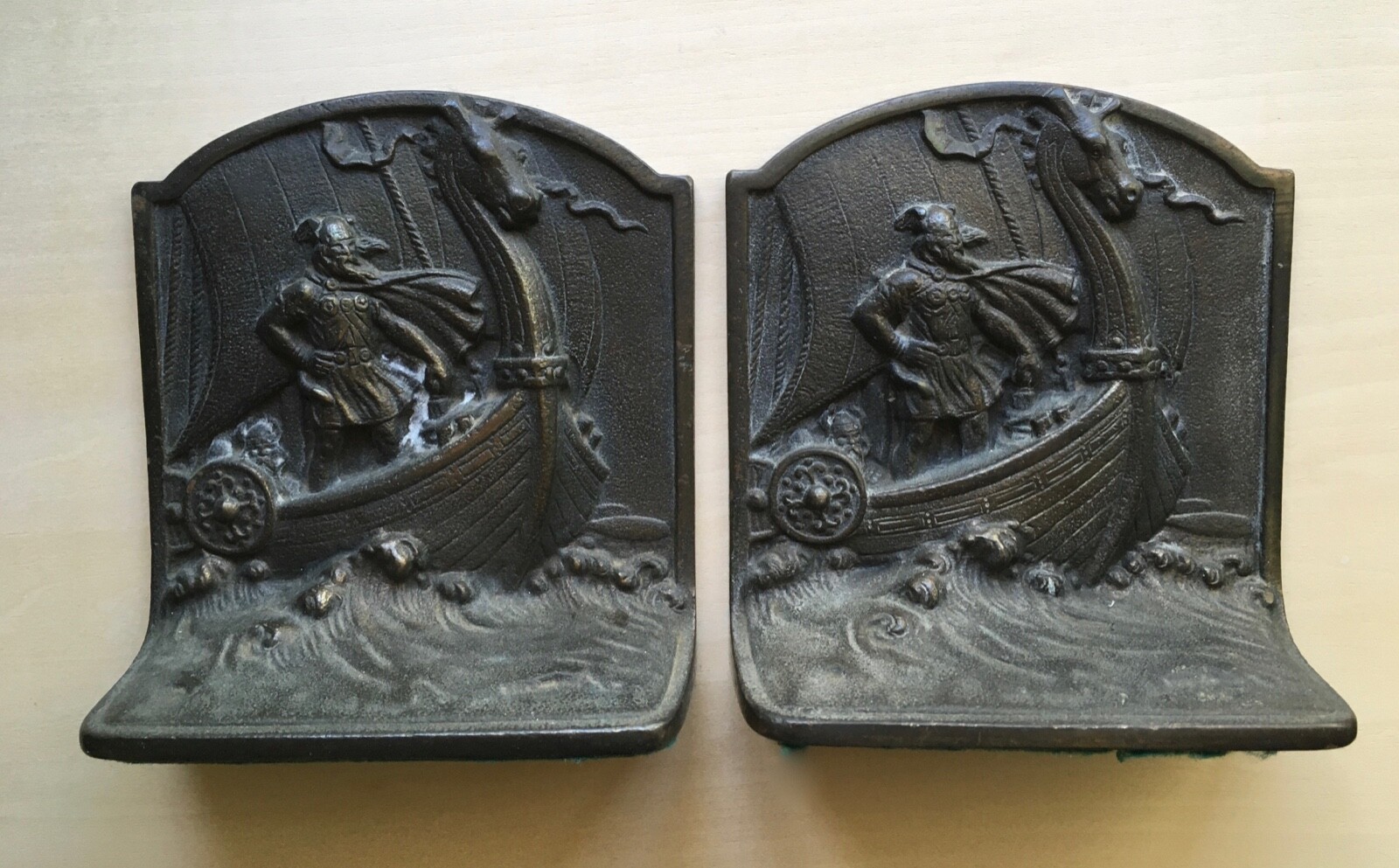 Vintage Solid Metal Bookends - Nordic Viking and Viking Ship 