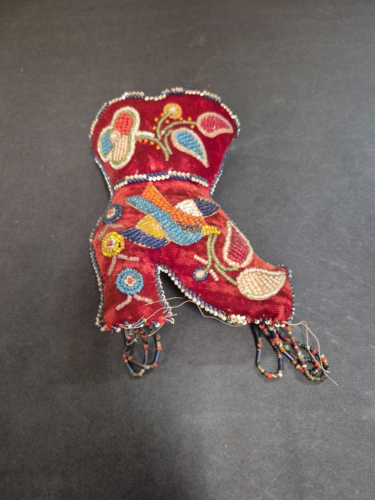 Antique Iroquois Beaded Velvet Boot Pin Cushion With Bird Design