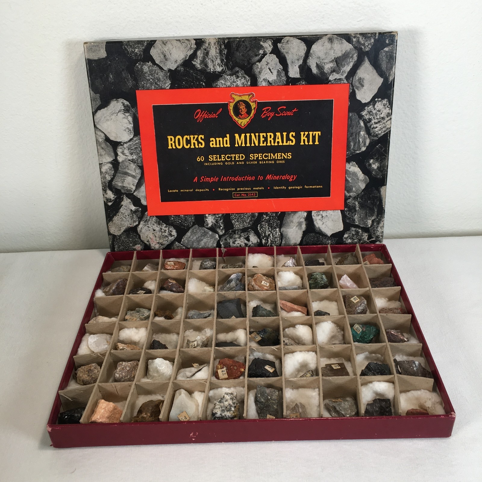Vtg Official Boy Scouts Rocks and Minerals Kit #2143 - 60 Specimens Complete 