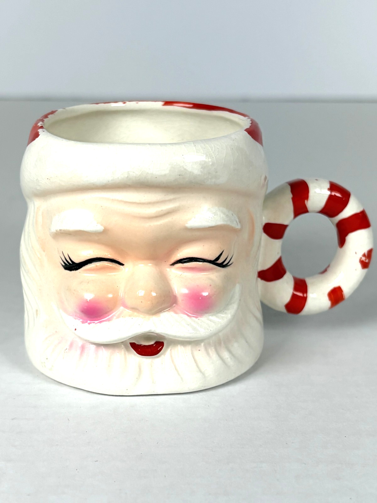 Vintage Santa Claus Face Christmas Mug / Eyes Closed w/ Candy Cane O-Handle