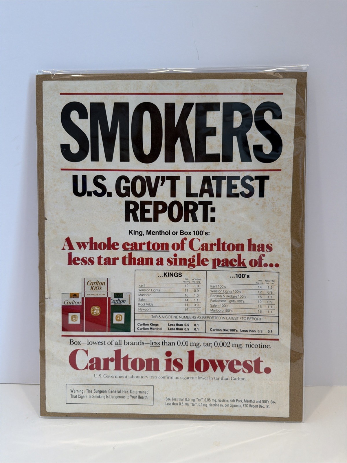 Carlton Cigarettes Advertisement Print Ad From BHG 1982 Mounted/Wrapped