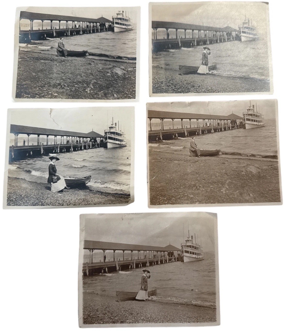 5 Vintage Chautauqua Lake Photos Woman Man with/ Steamship BW/Sepia 5 Vintage Chautauqua Lake Photos Woman Man with/ Steamship BW/Sepia