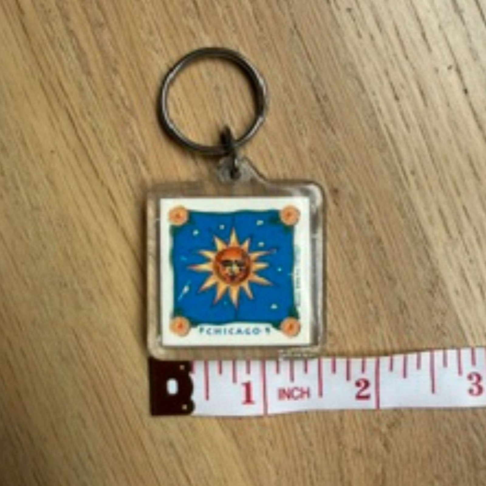 Vintage Chicago Sun Keychain Celestial Souvenir Square Metal Key Ring