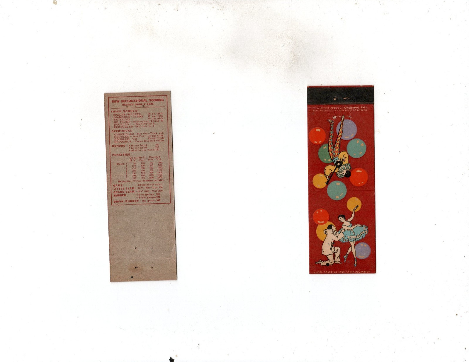 Vintage Matchcover New International Scoring Revised April 1,1935 Vintage Matchcover New International Scoring Revised April 1,1935